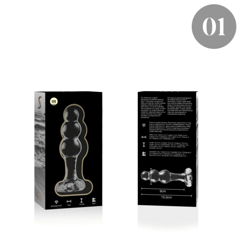 Verpackung und klarer Glasanalplug mit drei Kugeln und breiter Basis.