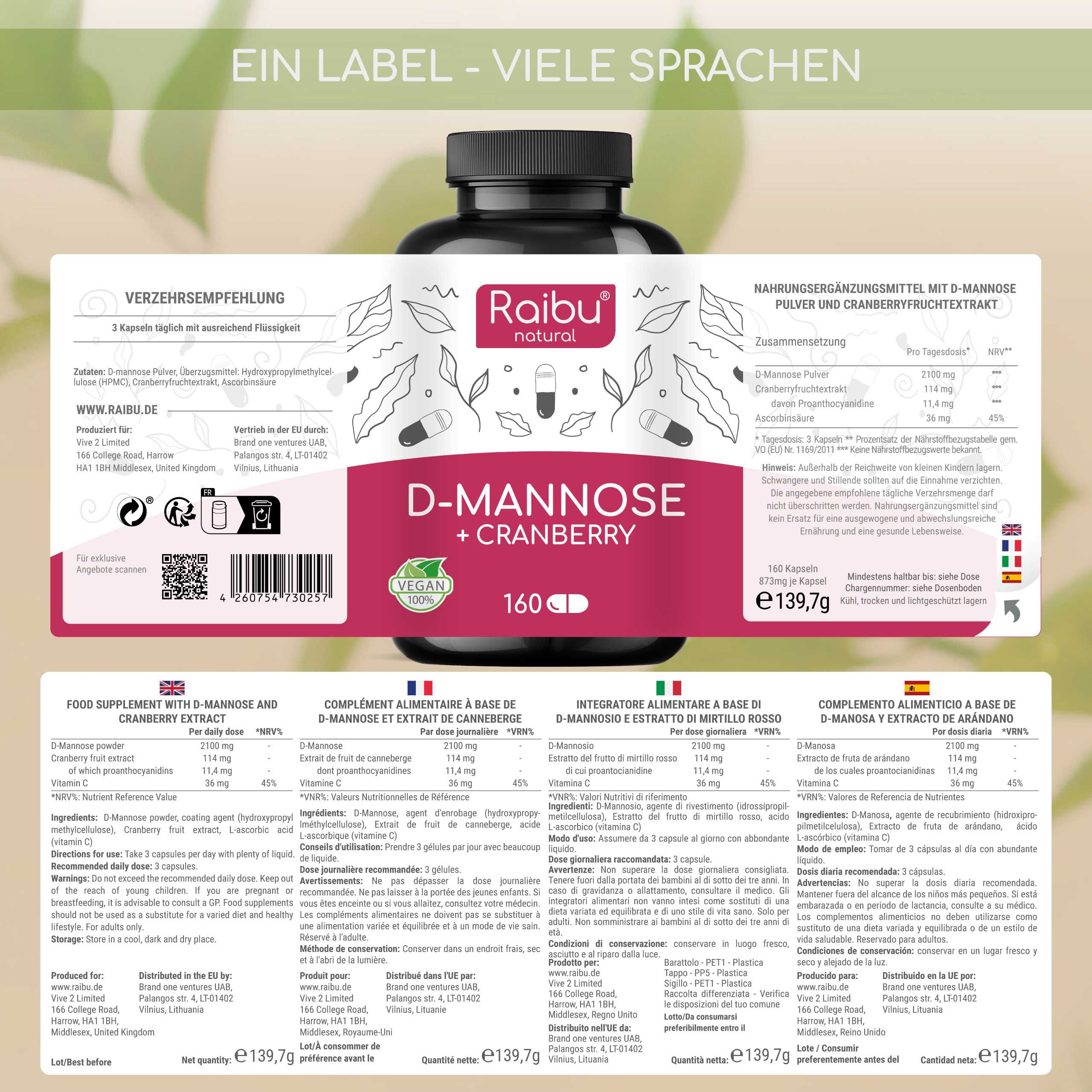 Eine Flasche mit Etikett, das Informationen in mehreren Sprachen enthält. Auf dem Etikett steht "D-Mannose + Cranberry" und "160 Kapseln".