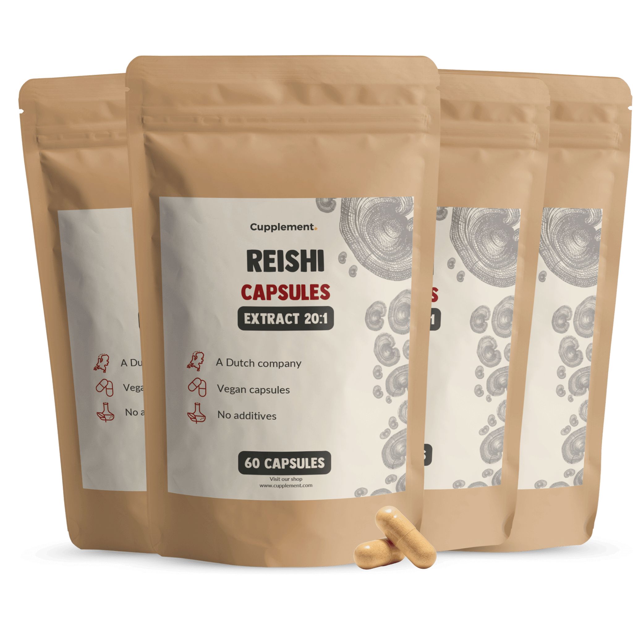 Beutel mit Reishi-Kapseln. 60 Kapseln. Vegan. Ohne Zusatzstoffe. Niederländisches Unternehmen.