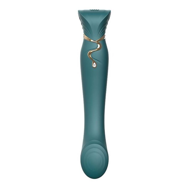 Türkisfarbener Vibrator mit goldfarbenen Akzenten. Tropfenförmiger Anhänger. Geformter Kopf, geschwungener Schaft und abgerundete Basis.