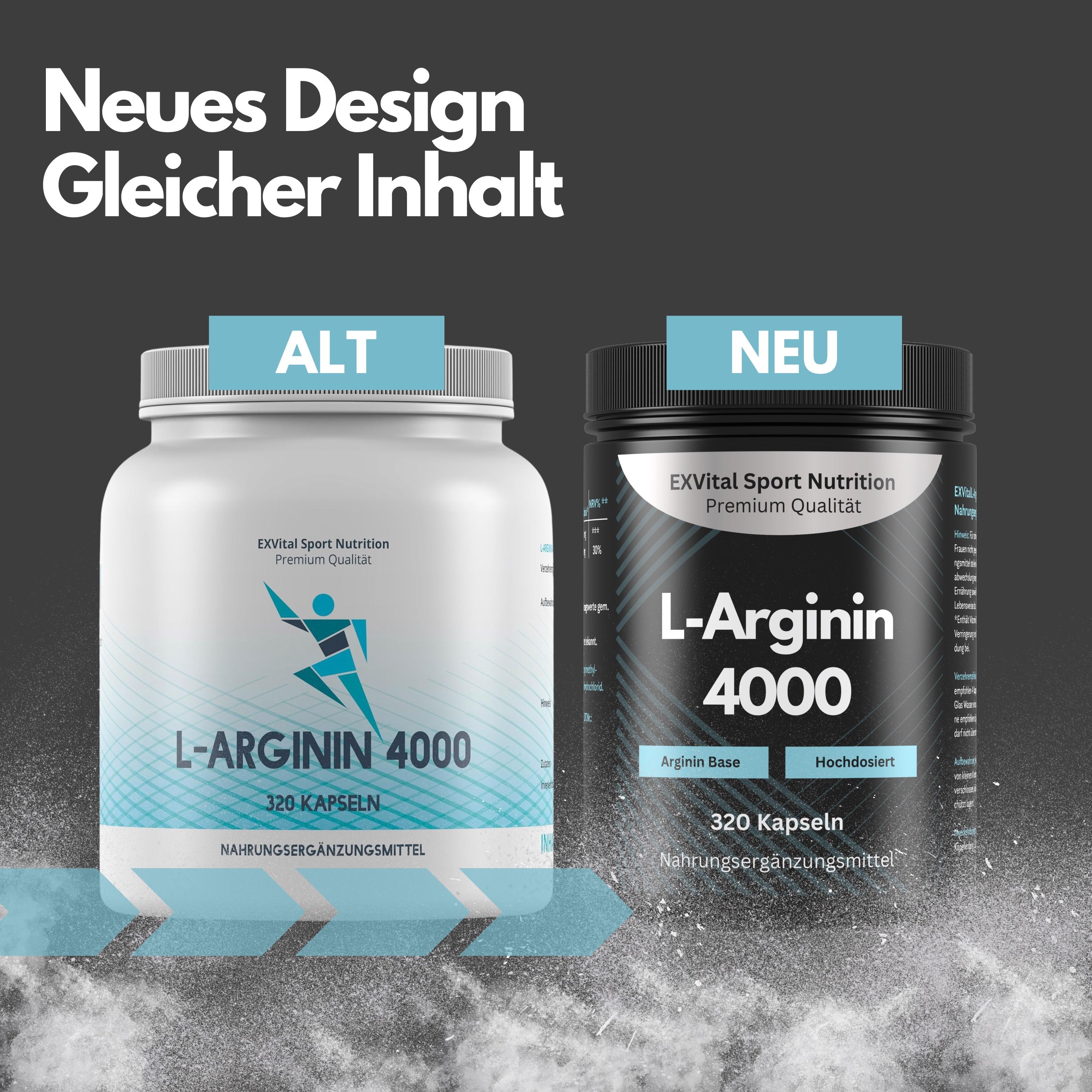 Vergleich von zwei L-Arginin 4000 Dosen. Alt: Weiß, blaues Design. Neu: Schwarz, modernes Design. 320 Kapseln.