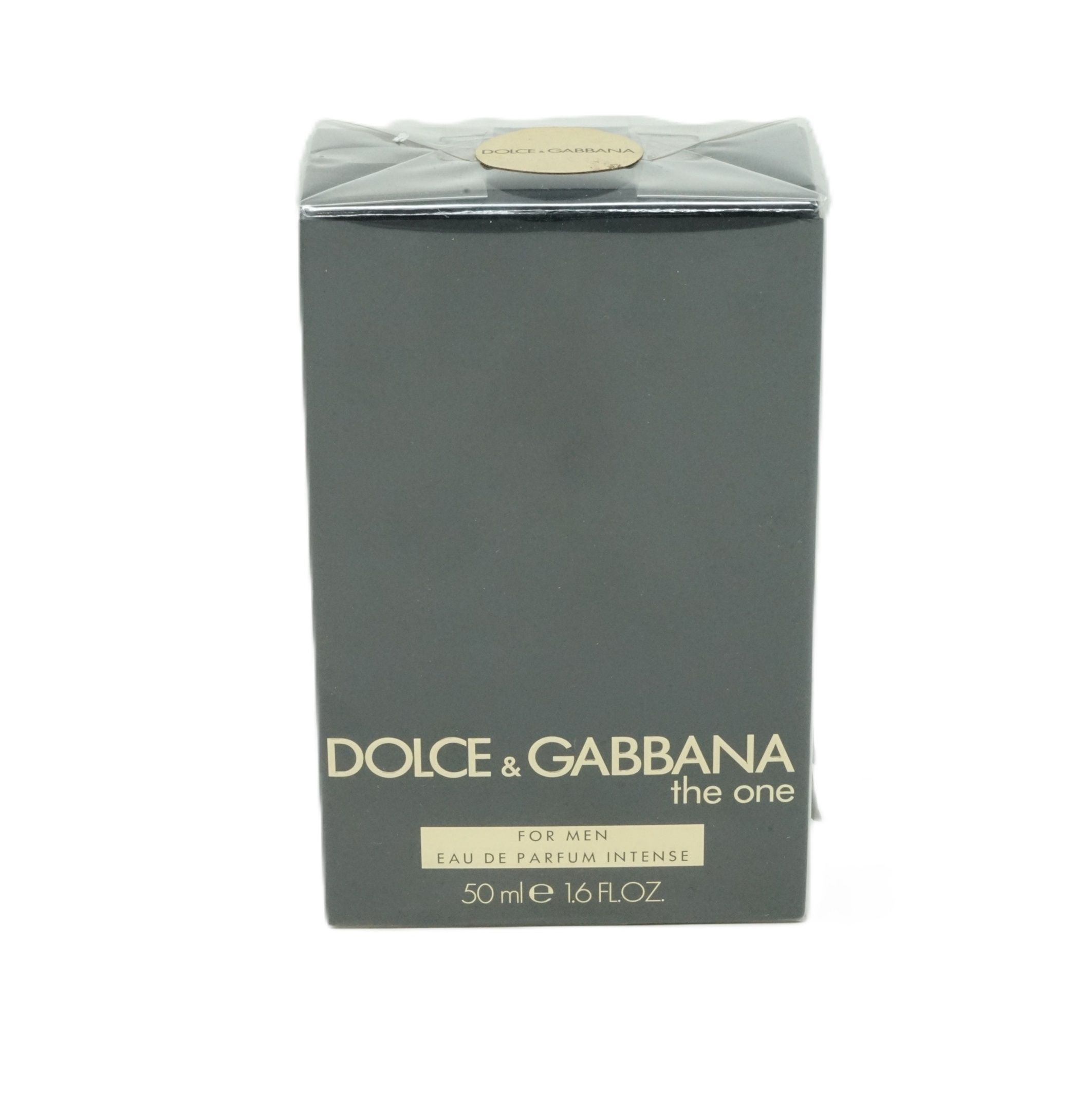 Dunkelgraue rechteckige Verpackung. Aufschrift: DOLCE & GABBANA the one FOR MEN Eau de Parfum Intense. 50 ml 1.6 FL.OZ.