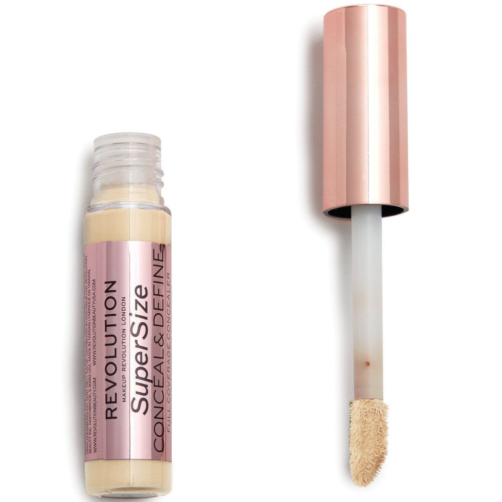 Concealer-Fläschchen und Applikator. Aufschrift: Super Size Conceal & Define. Roségoldfarbener Deckel.