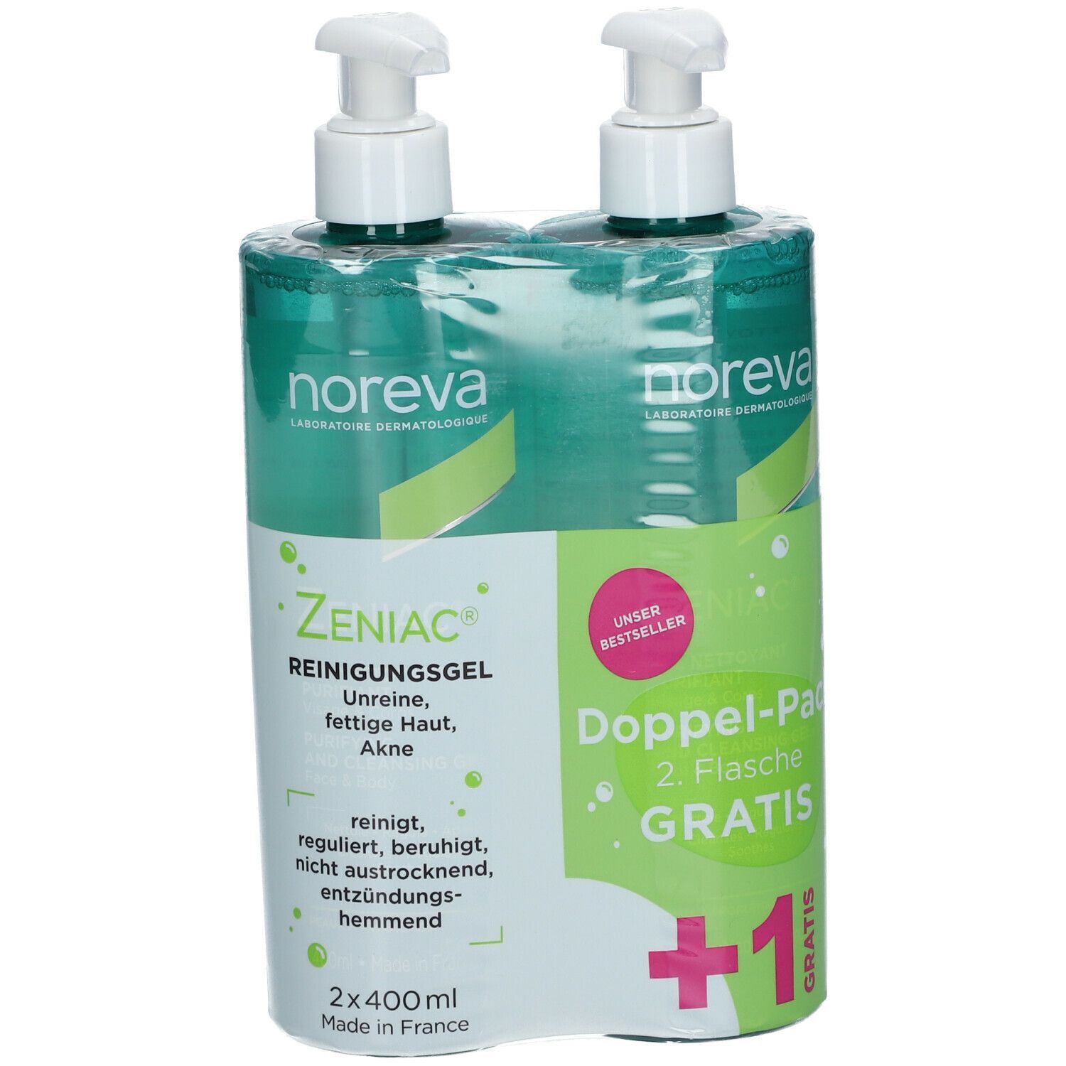 Doppelpack noreva Zeniac Reinigungsgel. Zwei Flaschen mit Pumpverschluss, in Folie verpackt. Aufdrucke: Zeniac, Doppel-Pack, Gratis.