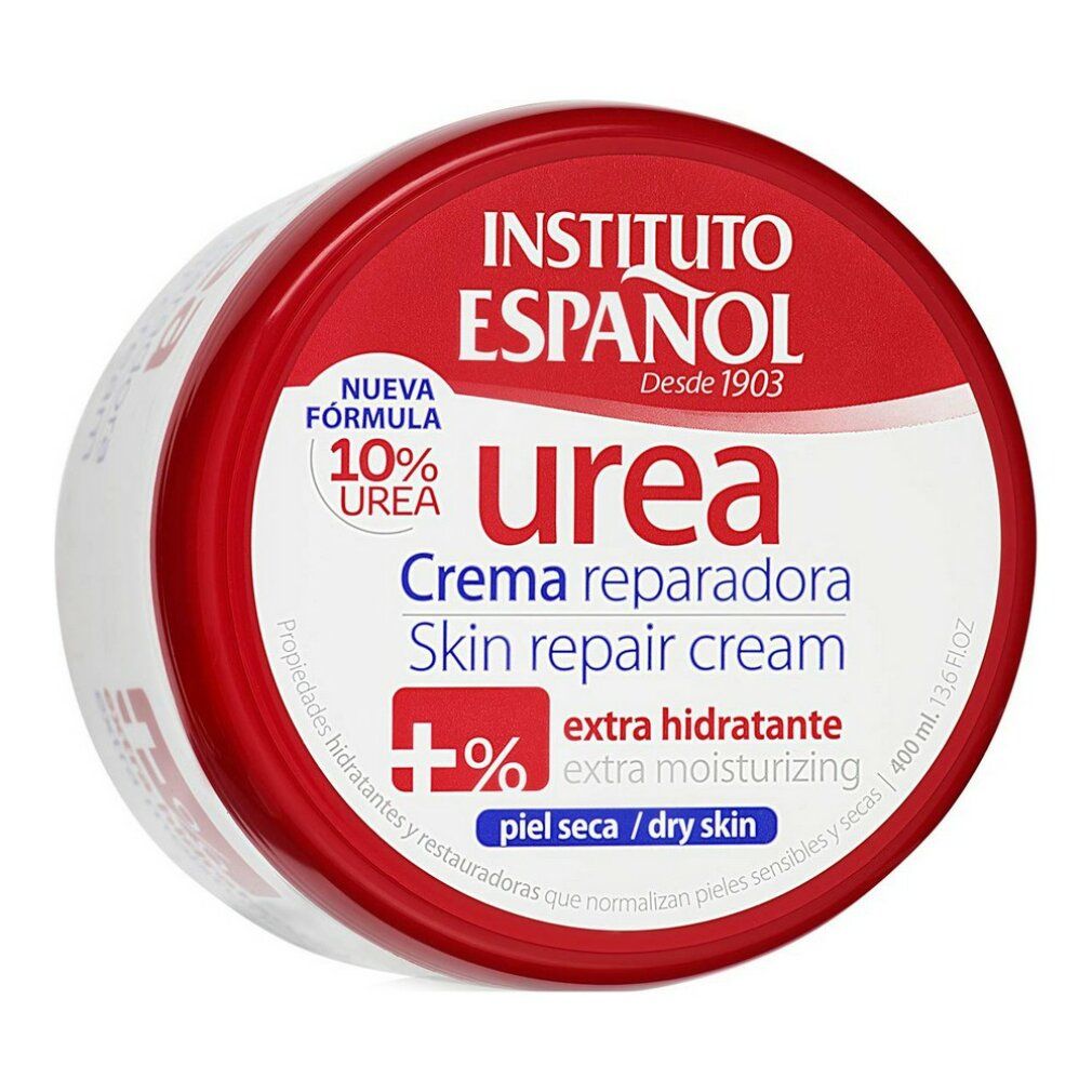 Runde Dose mit rotem Deckel. Aufschrift: Instituto Español, Urea, Creme reparadora, Skin repair cream. 10% Urea, extra hydratante.