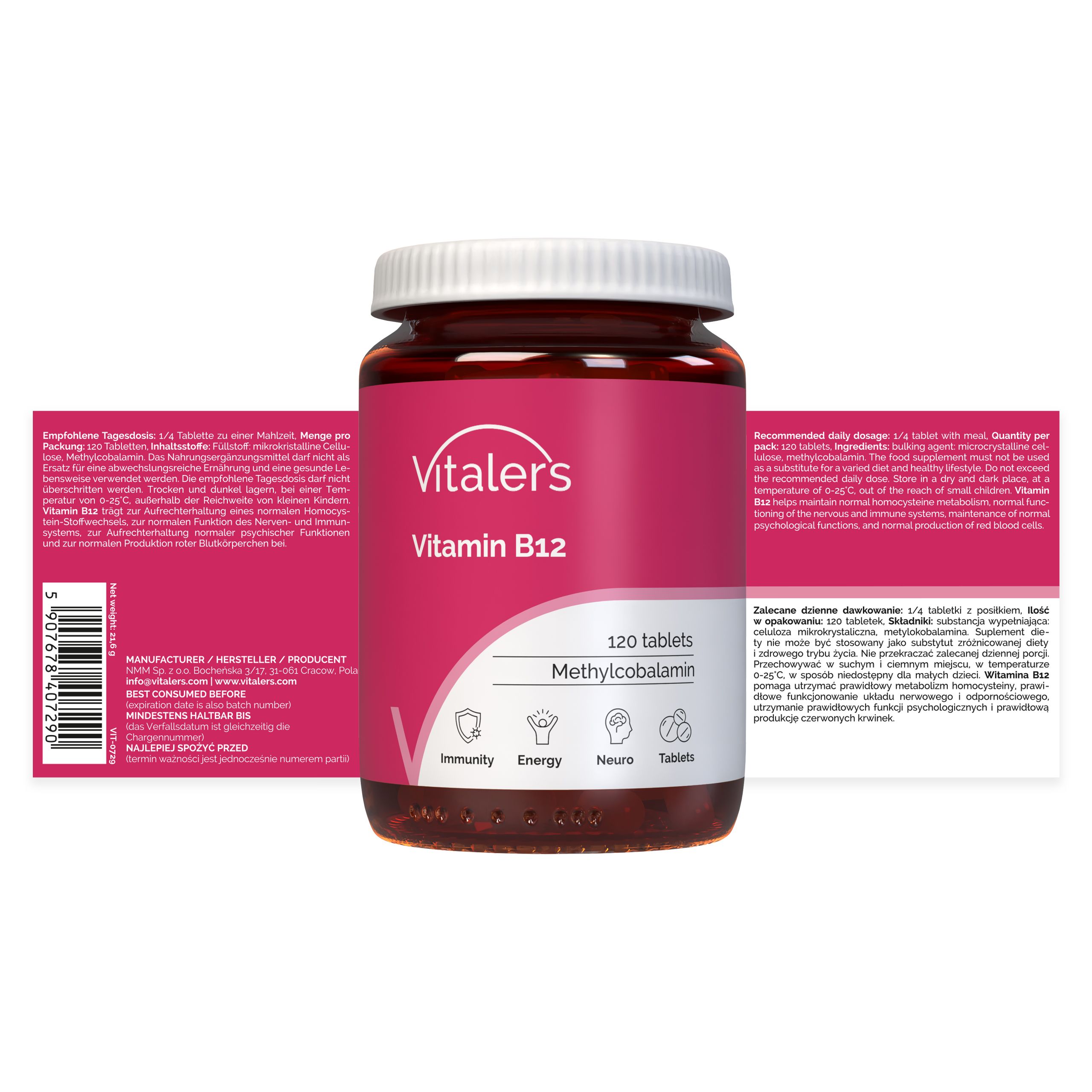 Vitaler's Vitamin B12 100 µg: Braune Flasche und rosa Kartonverpackung nebeneinander, beide mit Produktnamen und Details.