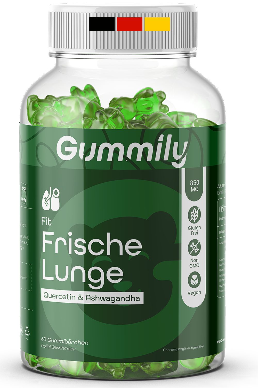 Grüne Gummibärchen in einer transparenten Flasche. Aufschrift: Gummily Fit Frische Lunge, Quercetin & Ashwagandha. Vegan, glutenfrei.