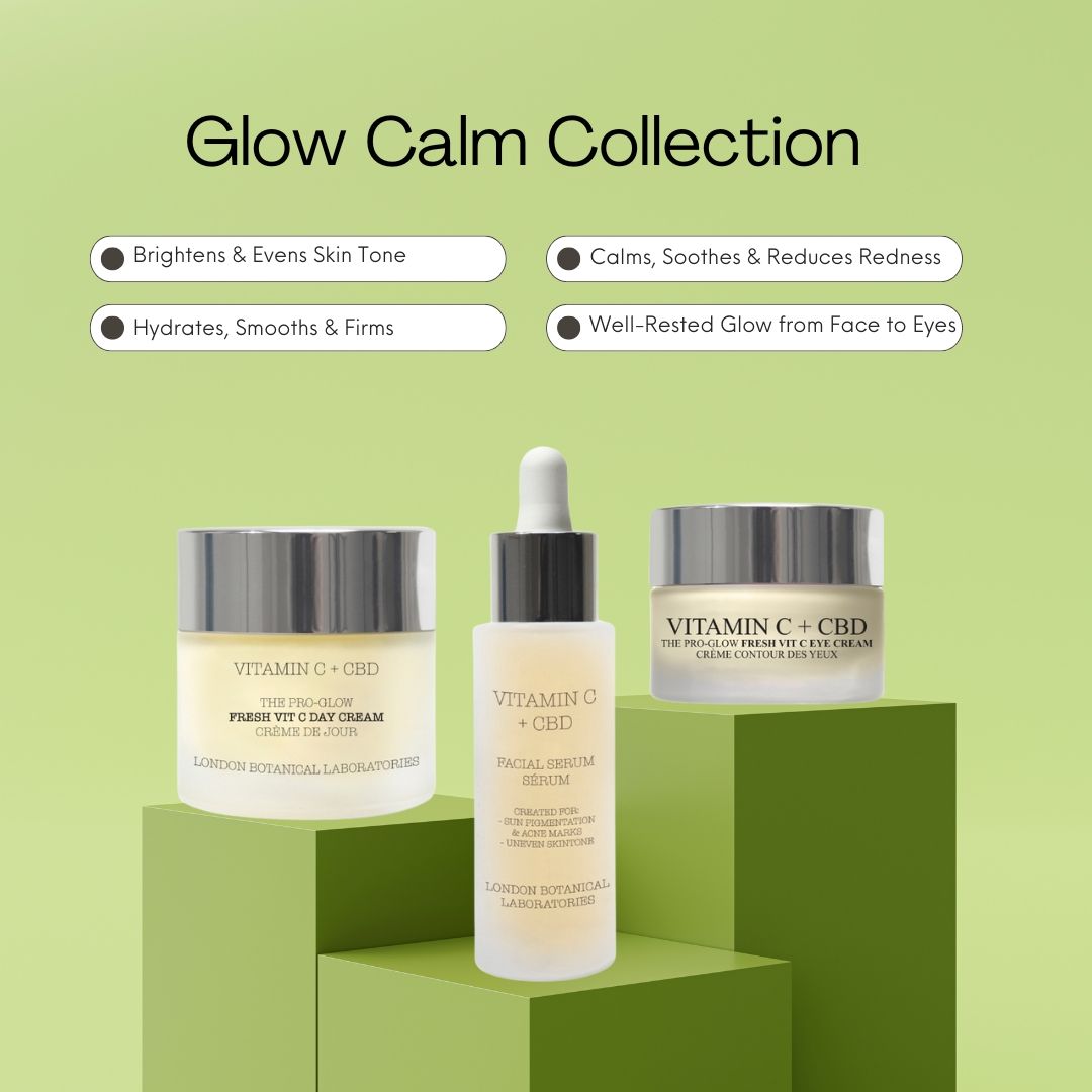 Drei Kosmetikprodukte auf grünen Blöcken. Tagescreme, Augencreme und Serum. Aufschrift: Vitamin C + CBD. Hintergrund: Text Glow Calm Collection.