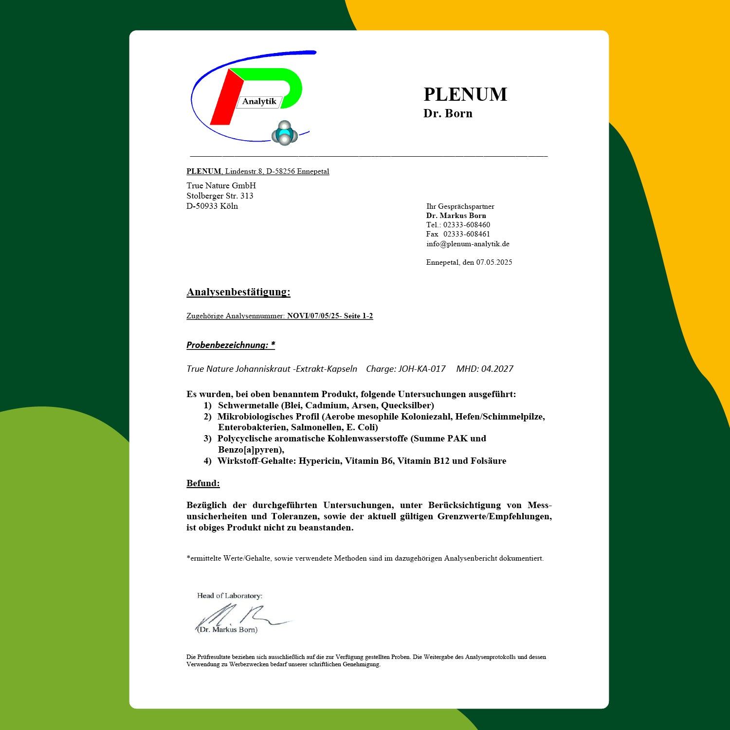 Grüner Hintergrund mit Text. Text: Analysebericht, True Nature Johanniskraut Extrakt Kapseln. Laborzertifikat. Unterschriften.