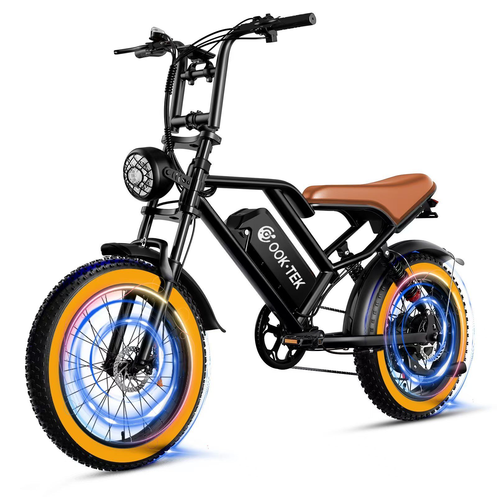 Schwarzes E-Bike mit braunem Sattel und gelben Reifen. OOK-TEK Logo auf dem Rahmen. Beleuchtete Räder.