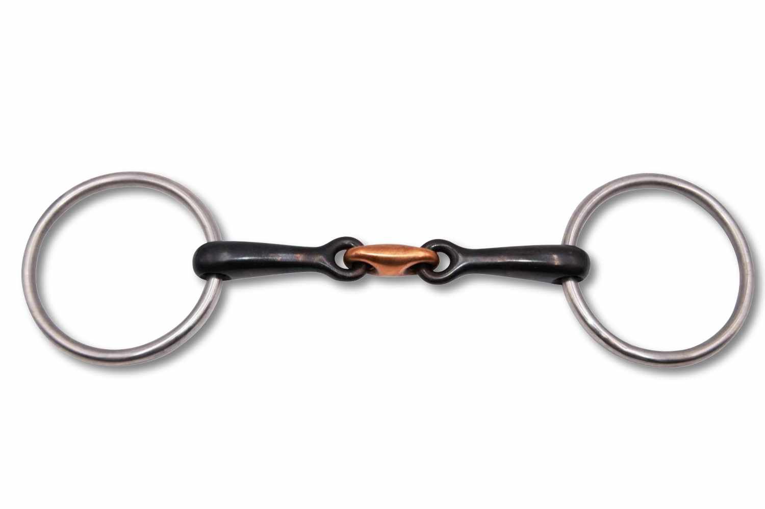 Gebiss mit Metallringen, schwarze und kupferfarbene Elemente. Doppelt gebrochenes Mundstück.