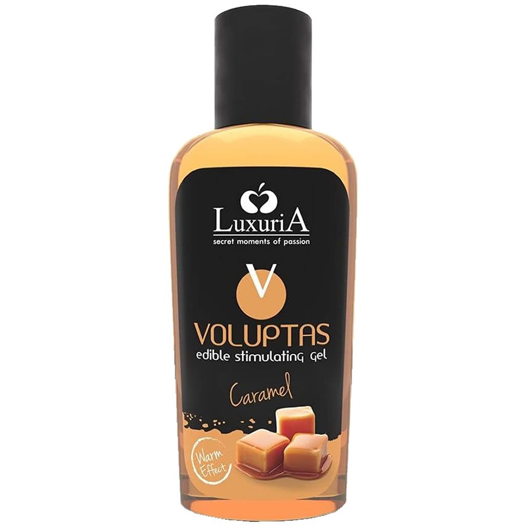 Flasche mit gelbem Gel. Schwarzes Etikett mit "Luxuria Voluptas Caramel". Abbildung von Karamellbonbons. "Warm Effect".