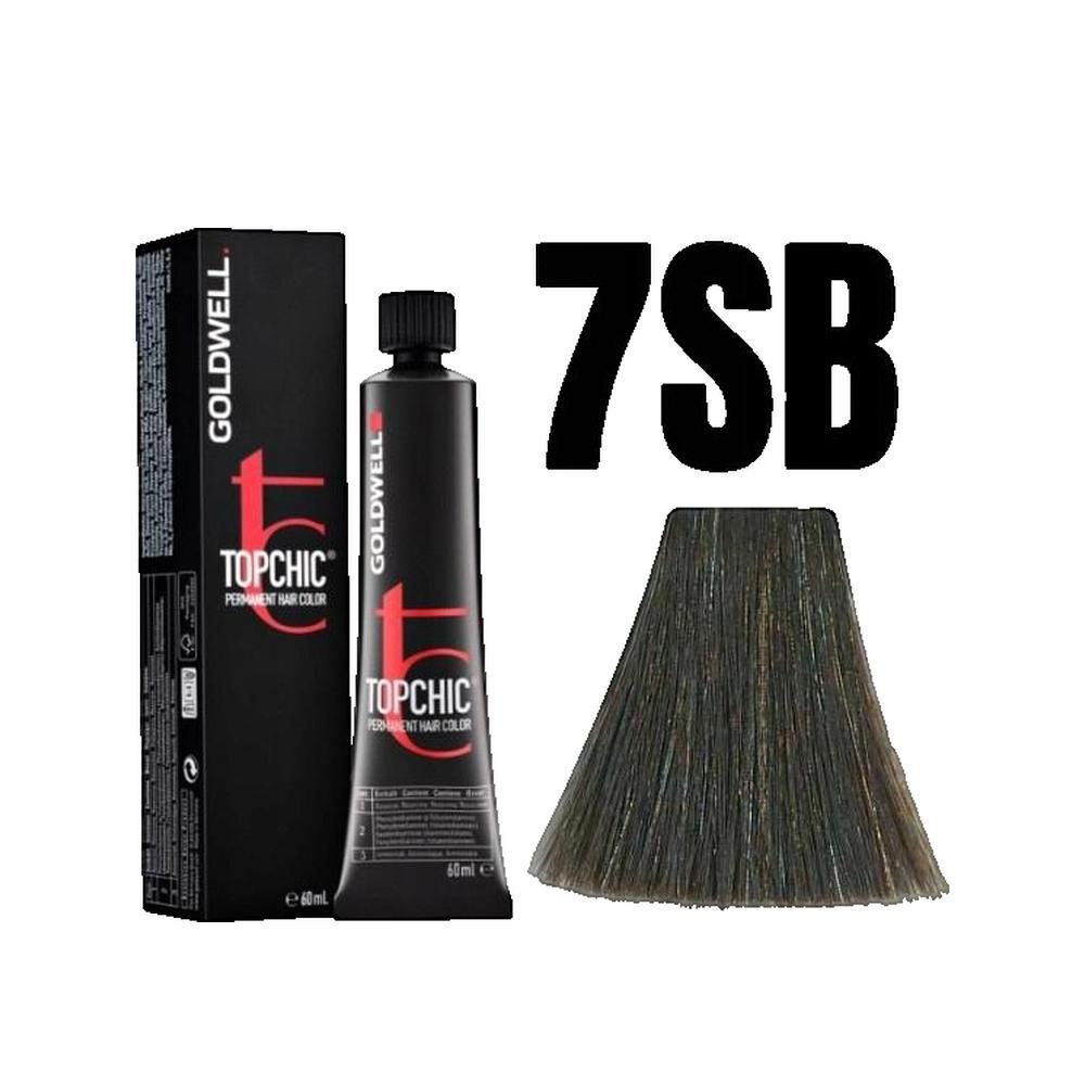 Goldwell Topchic Haarfarbe, Tube und Verpackung. Farbton 7SB. Farbmuster in Dreiecksform.