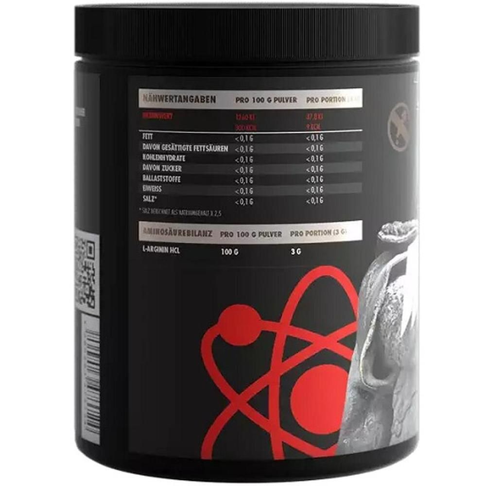 Rückseite einer schwarzen Dose. Nährwertangaben und Aminosäurebilanz. Roter Atom-Grafik.