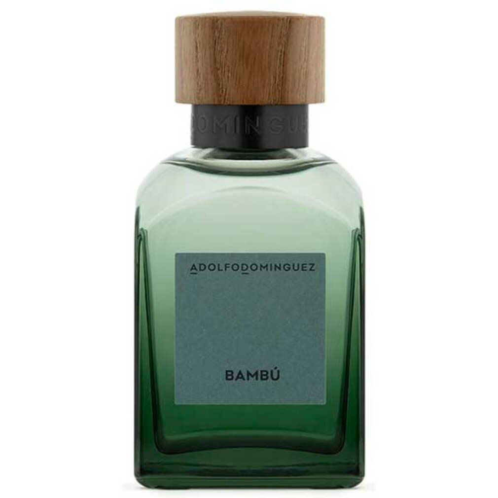 Grüne rechteckige Flasche mit Holzdeckel. Auf dem Etikett steht "Bambú". Marke ADOLFO DOMINGUEZ.