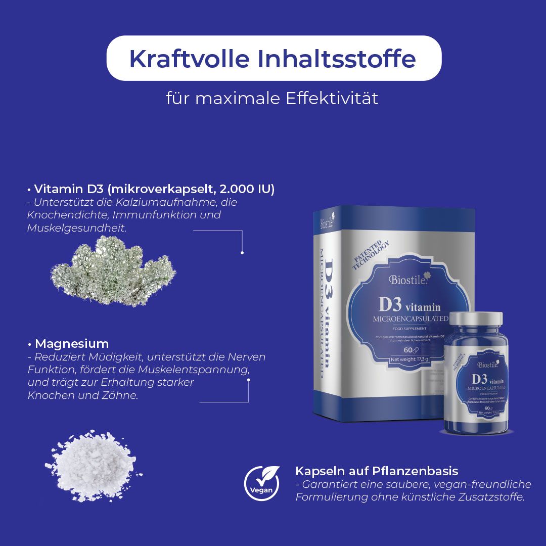 Biostile BMT D3 Vitamin: Karton, Fläschchen, Magnesiumkristalle und Pulver.