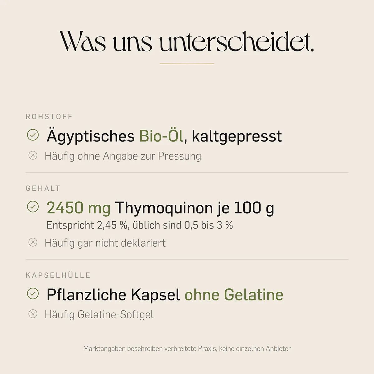 Vergleich von Rohstoff, Gehalt und Kapselhülle für Schwarzkümmelöl.
