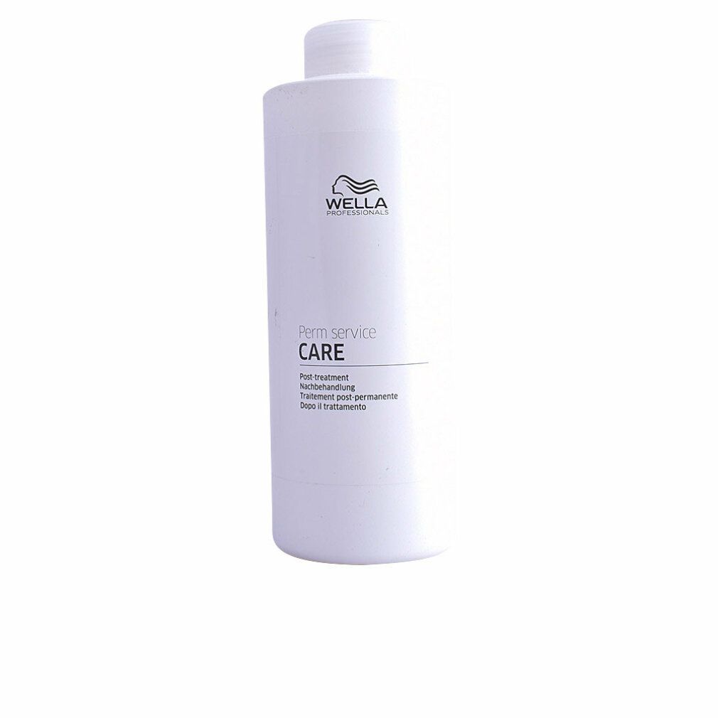 Weiße Flasche mit Wella-Logo und Text: Perm Service CARE. Post-treatment. Nachbehandlung. Trattamento post-permanente. Dopo il trattamento.