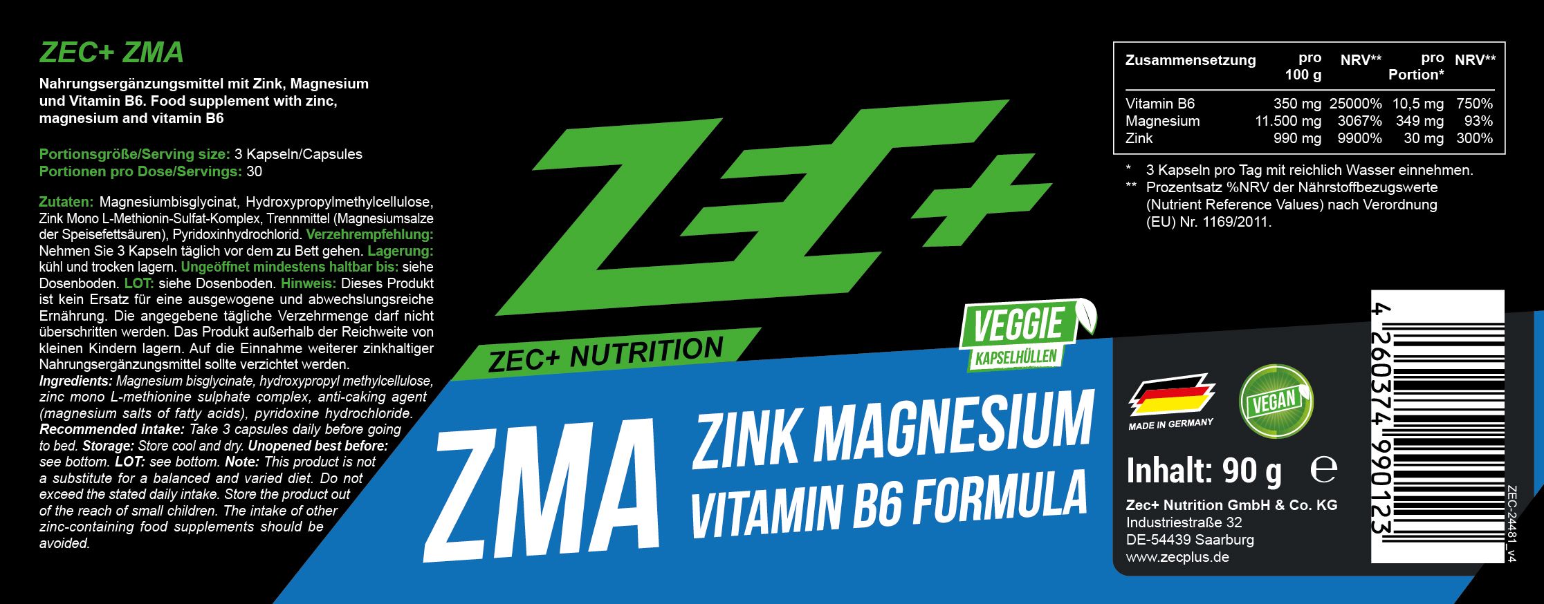 Etikett des ZEC+ ZMA Behälters mit Produktinformationen, Nährwerten und Siegeln.