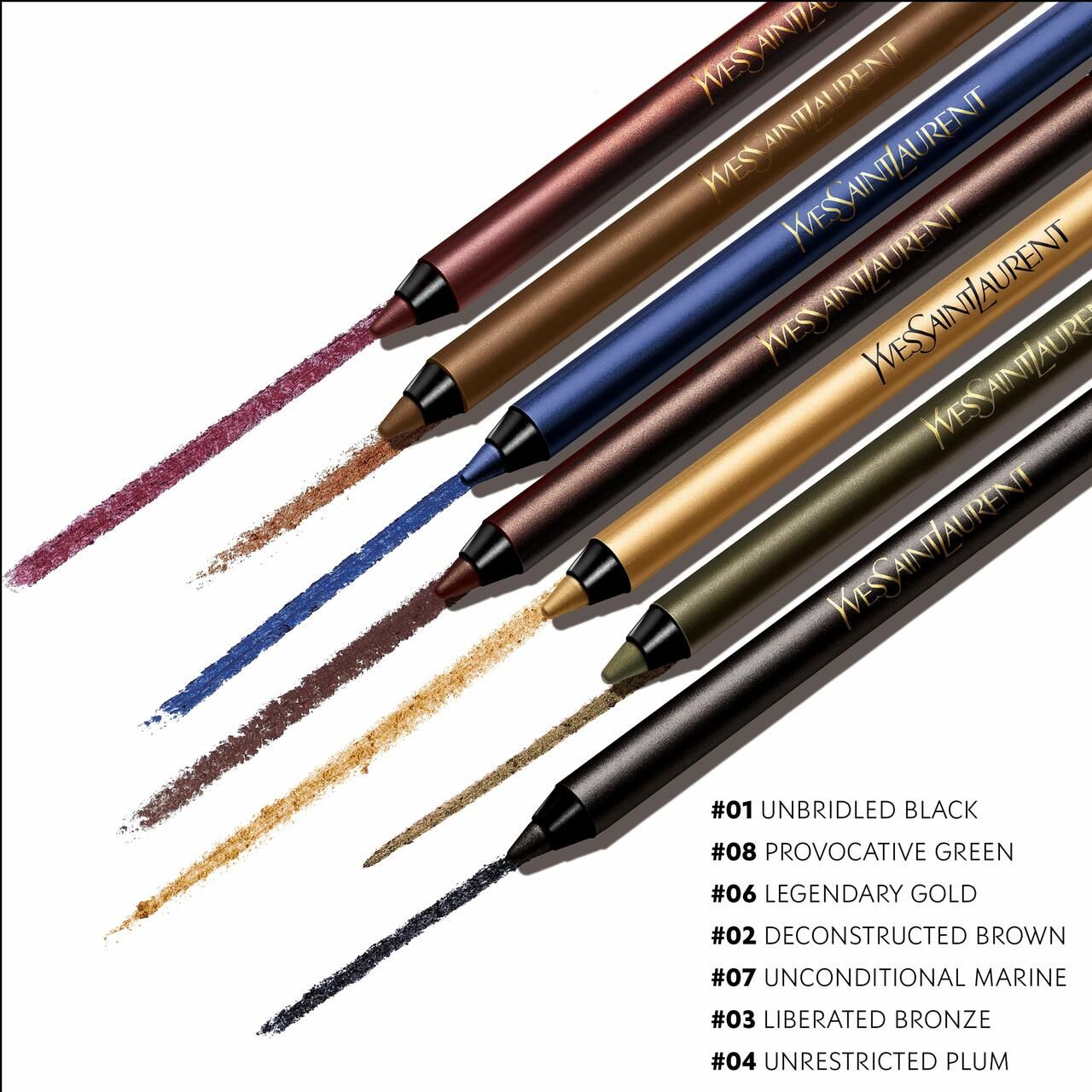 Sieben Yves Saint Laurent Kajalstifte in verschiedenen Farben, darunter Schwarz, Braun, Blau, Gold, Grün, Bronze und Pflaume.