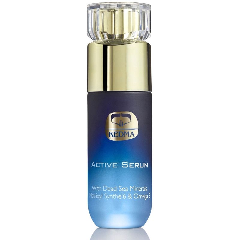 Blau-goldene Flasche mit KEDMA-Logo und Schriftzug „Active Serum“. Enthält Meeressalze, Matrixyl Synthe'6 und Omega 3.