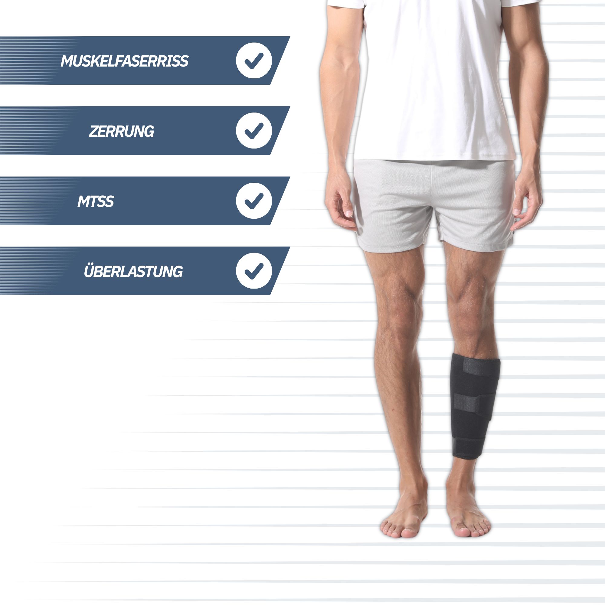 Mann trägt eine schwarze Bandage am Unterschenkel. Liste von Beschwerden: Muskelfaserriss, Zerrung, MTSS, Überlastung.