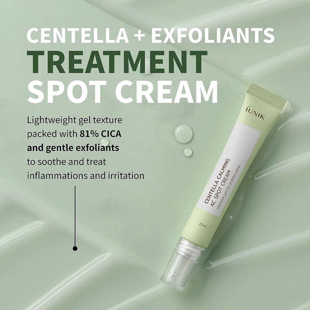 Grüne Tube mit Text. Aufschrift: iUNIK, Centella Calming AC Spot Cream. Text: Behandlung Spot Creme. 20ml.
