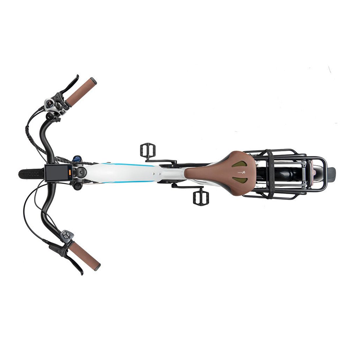 Draufsicht auf ein weißes E-Bike JOBOBIKE Linda. Brauner Sattel und Lenkergriffe. Schwarzer Gepäckträger und Pedale.