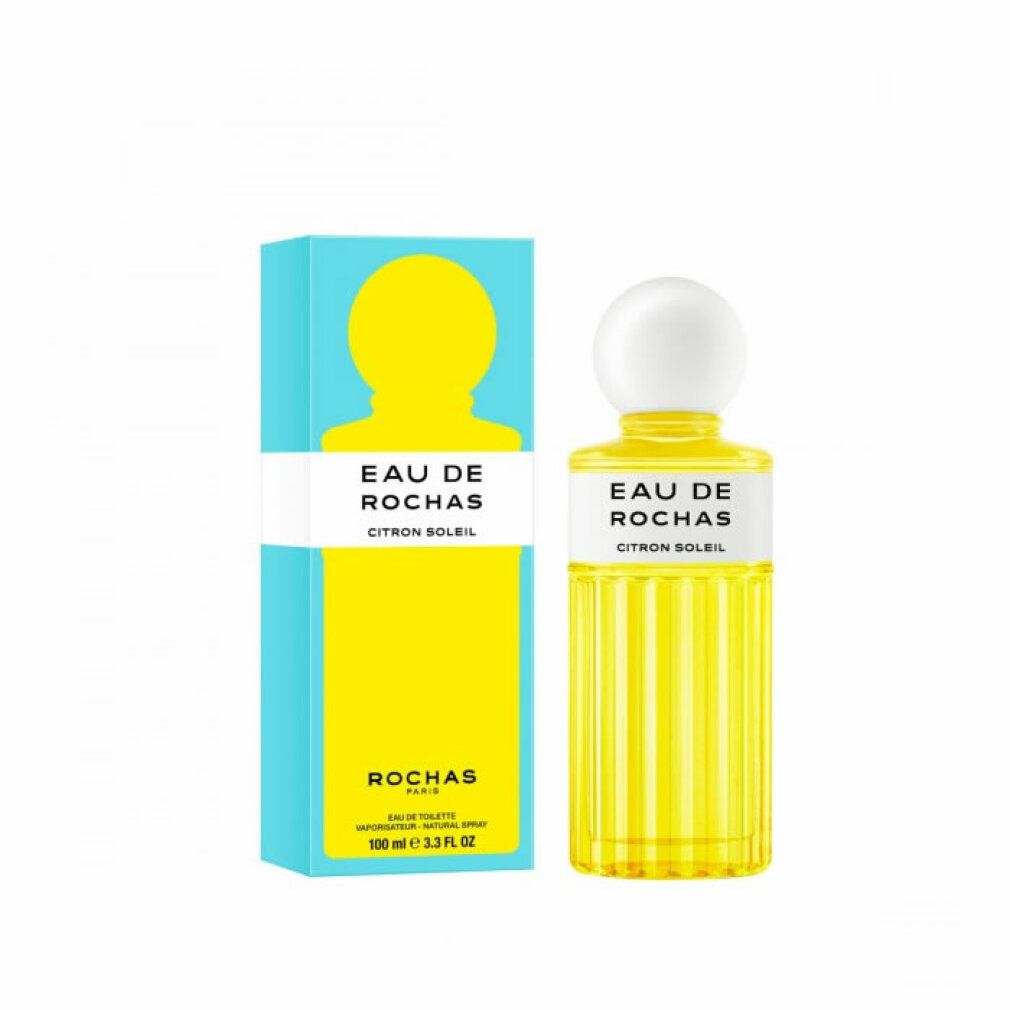 Gelbes Eau de Toilette Spray mit Verpackung. Aufschrift: Eau de Rochas Citron Soleil. Flakon mit weißem Deckel.