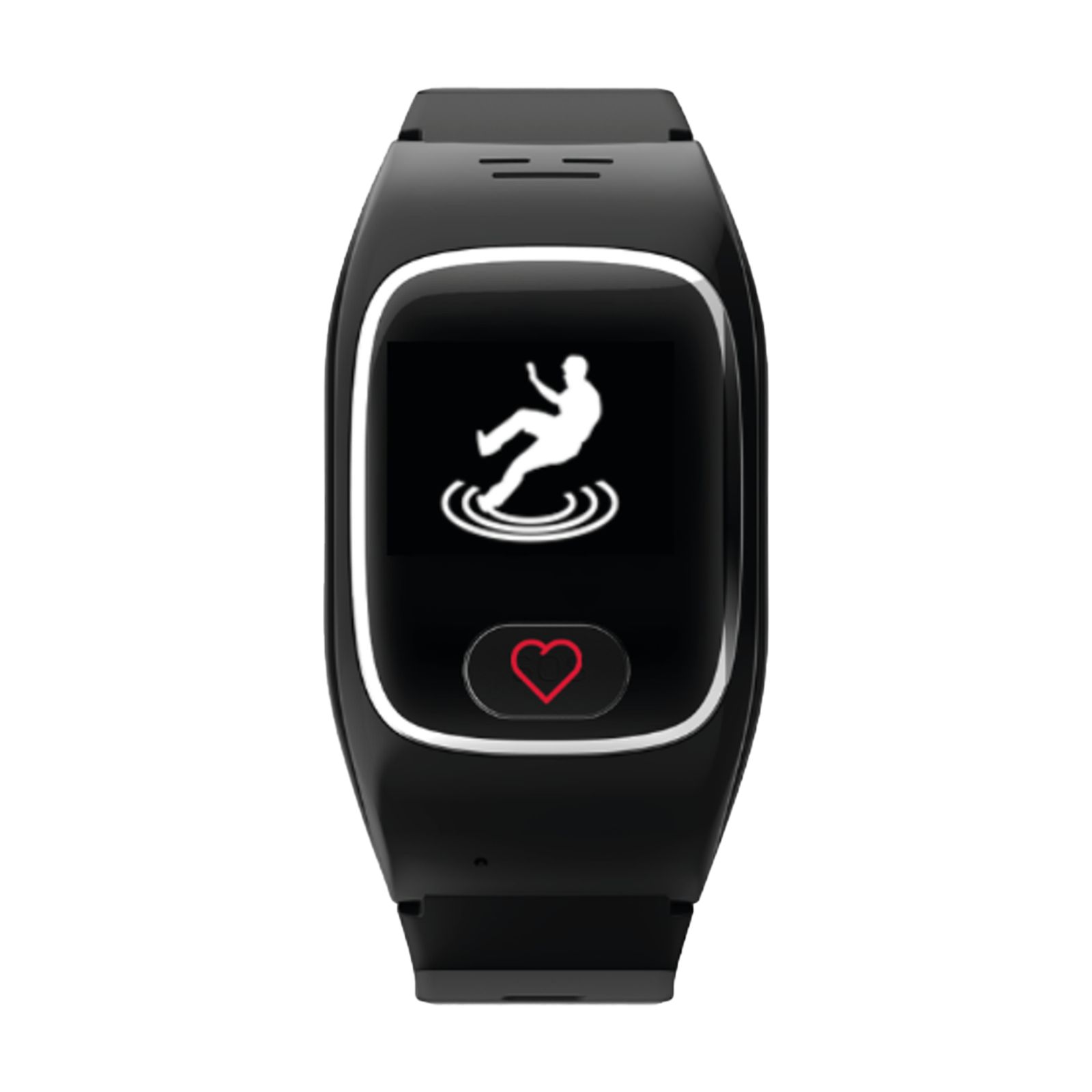 Schwarze Smartwatch mit Sturzerkennungssymbol.