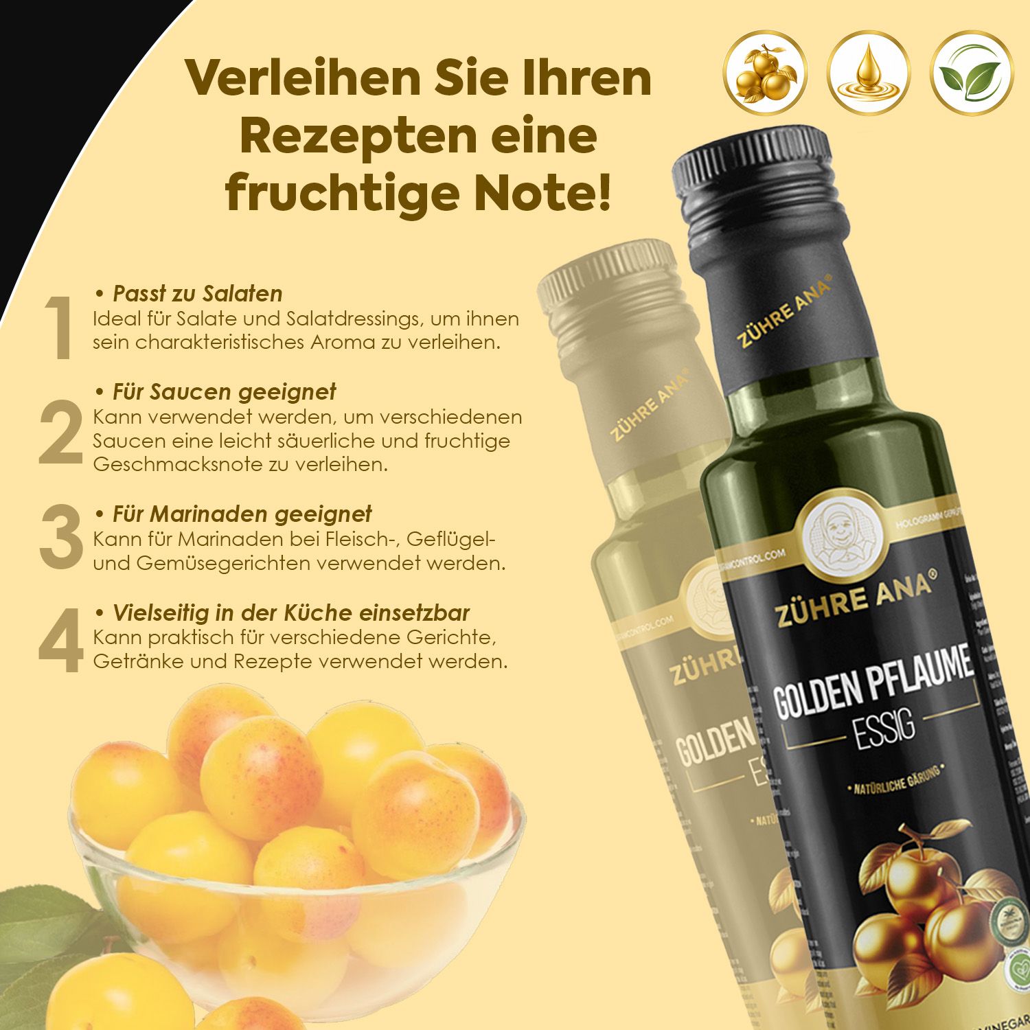 Flasche Zühre Ana Goldener Pflaumenessig mit Text über das Aroma der Mirabelle.