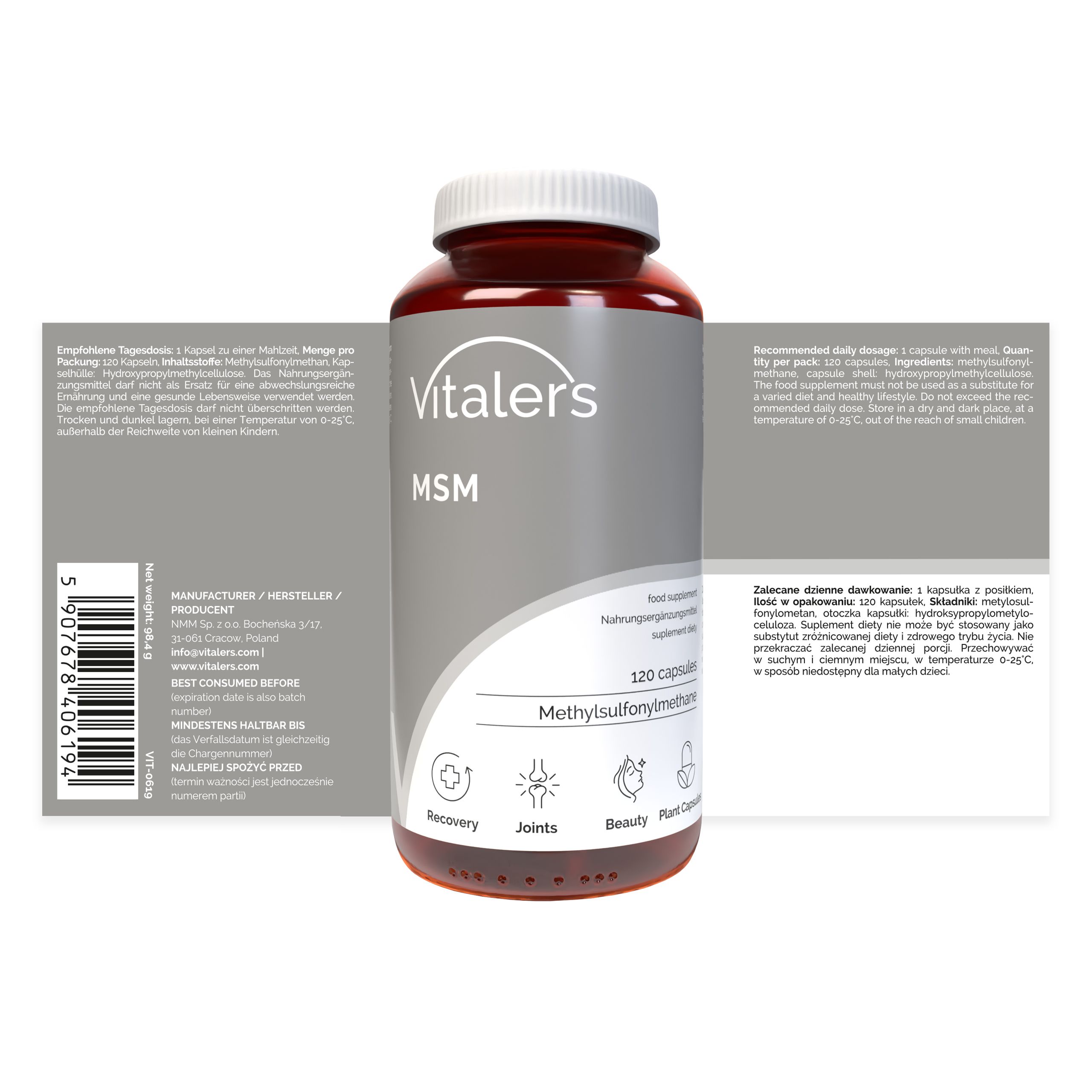 Vitaler's MSM Kapsel-Flasche und Verpackung, Seitenansicht mit Etiketten.