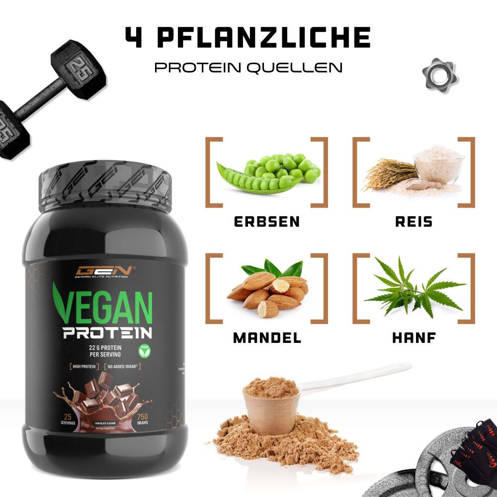 GEN Vegan Protein Dose neben 4 pflanzlichen Proteinquellen: Erbsen, Reis, Mandel, Hanf.