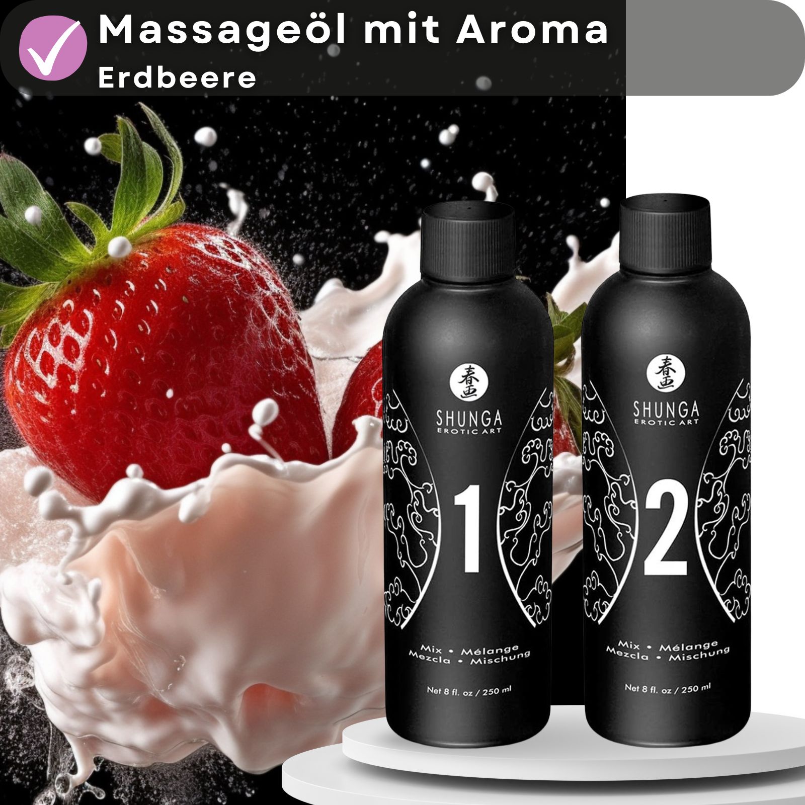 Zwei schwarze Flaschen mit Erdbeeren und Milch. Aufschrift: Shunga. Text: Mix + Mélange, Mezcla + Mischung. Textfeld: Massageöl mit Aroma Erdbeere.