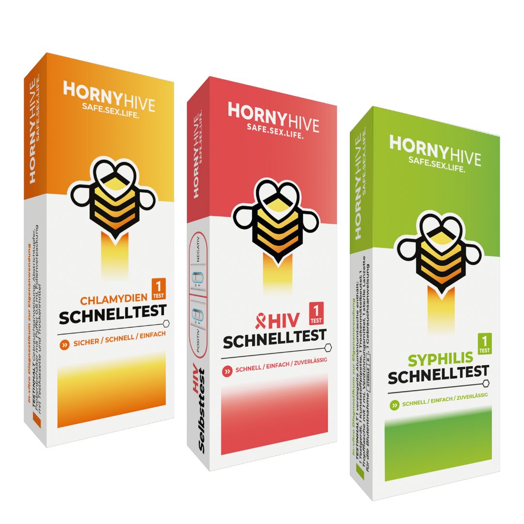 Drei Schnelltest-Verpackungen. Chlamydien, HIV, Syphilis. HornyHive Logo. 1 Test pro Packung.