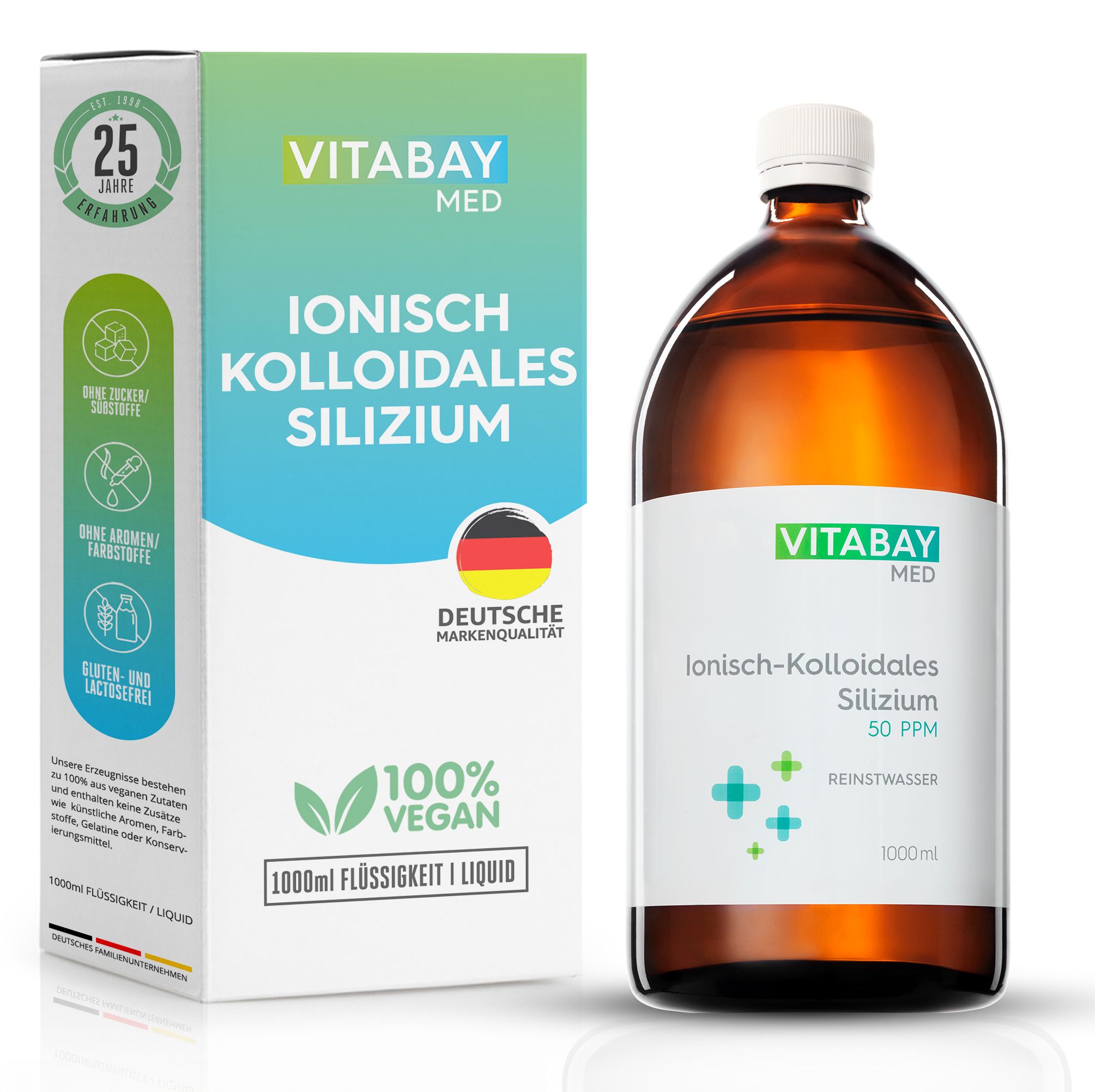 Vitabay Med Ionisch Kolloidales Silizium 50 PPM in Braunglasflasche mit Kartonverpackung. 1000ml Flüssigkeit.