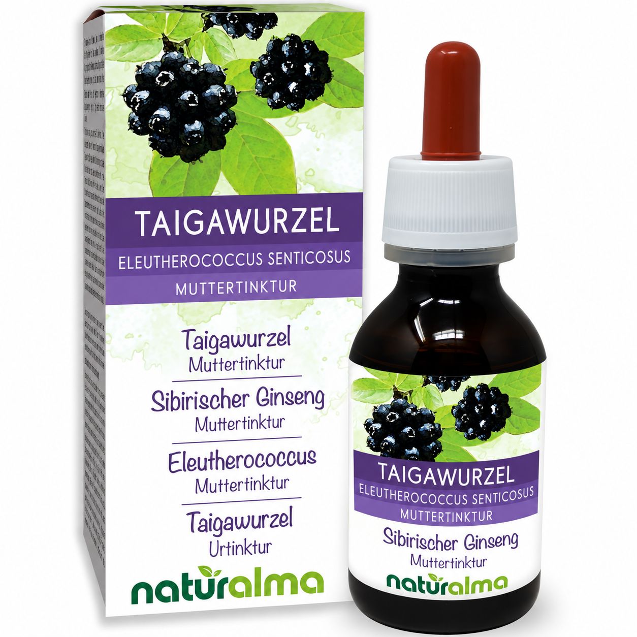 Flasche mit Pipette und Kartonverpackung für Taigawurzel Urtinktur von Naturalma.