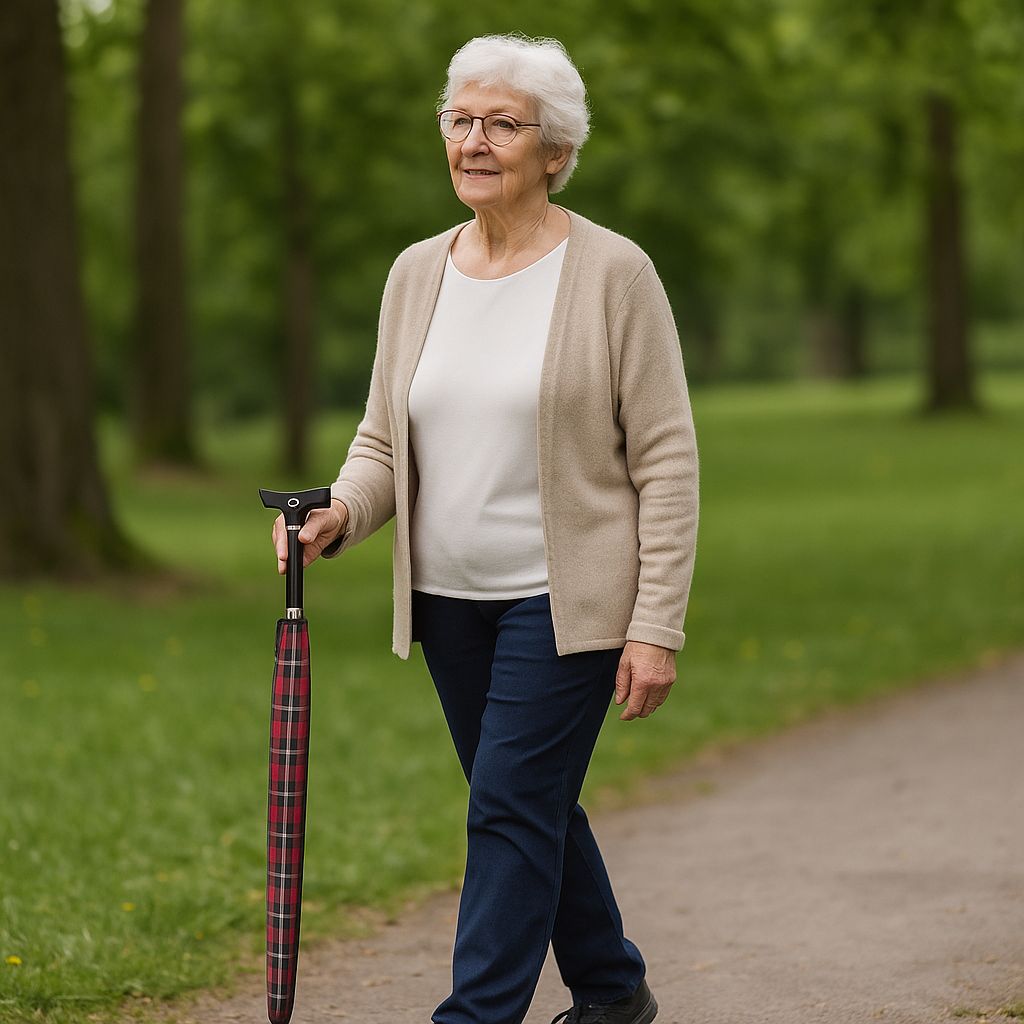 Ältere Frau mit rot-schwarz kariertem Regenschirm und Gehstock auf einem Weg.