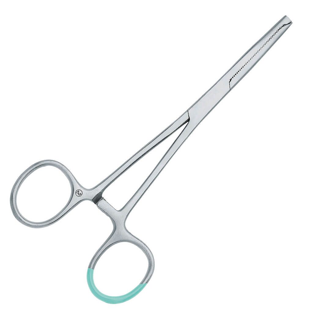 Chirurgische Klemme, gerade, 14 cm. Metall, mit geriffelter Spitze und Griffringen mit farbiger Markierung.