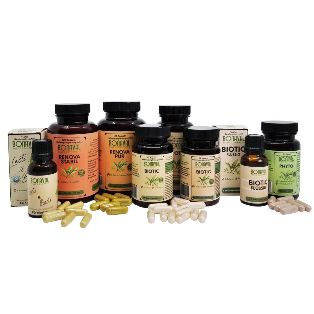 Verschiedene BONAVAL Biotic Produkte: Kapseln, Flüssigkeit und weitere Produkte. Alle Produkte haben braune Etiketten und Kappen.