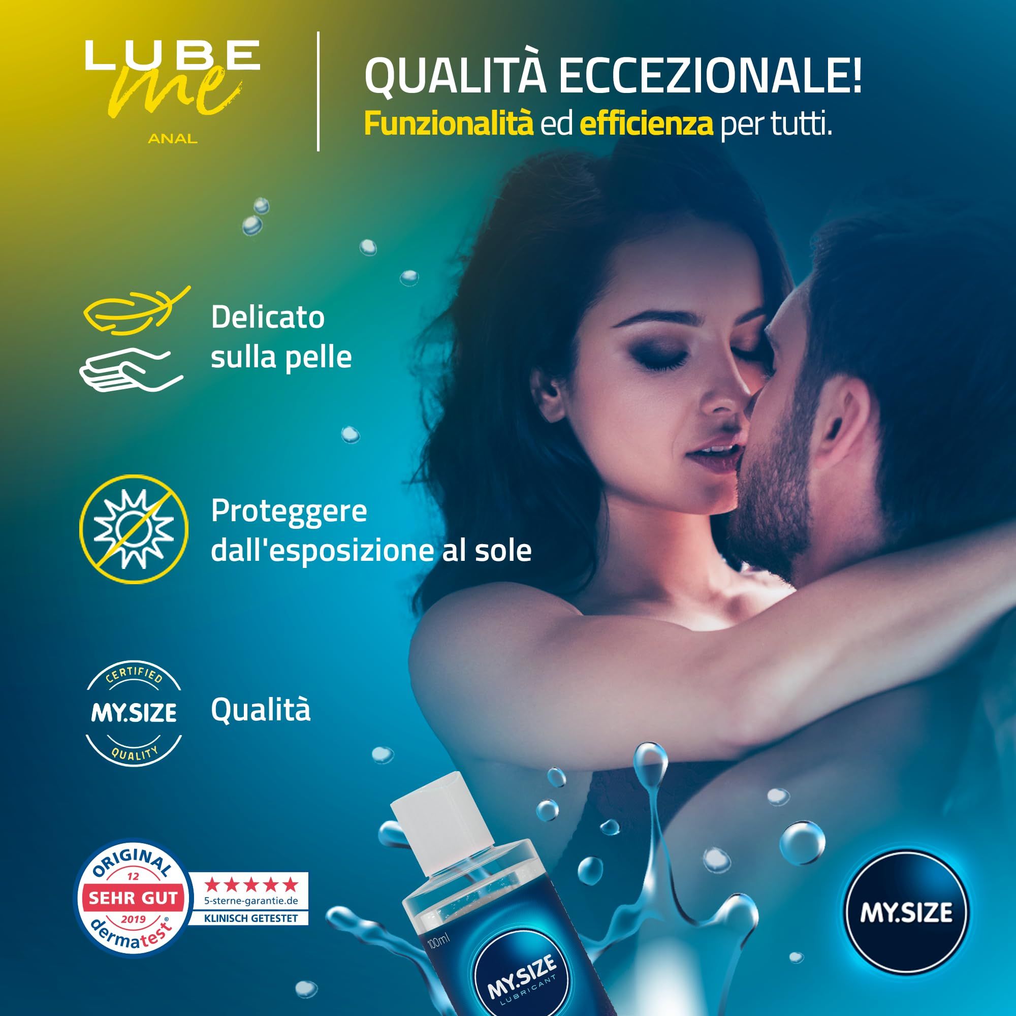 MY.SIZE Lube Me Gleitgel Anal Flasche mit einem Paar, das sich küsst. Zertifikate 'Sehr Gut' und 'Qualität'.