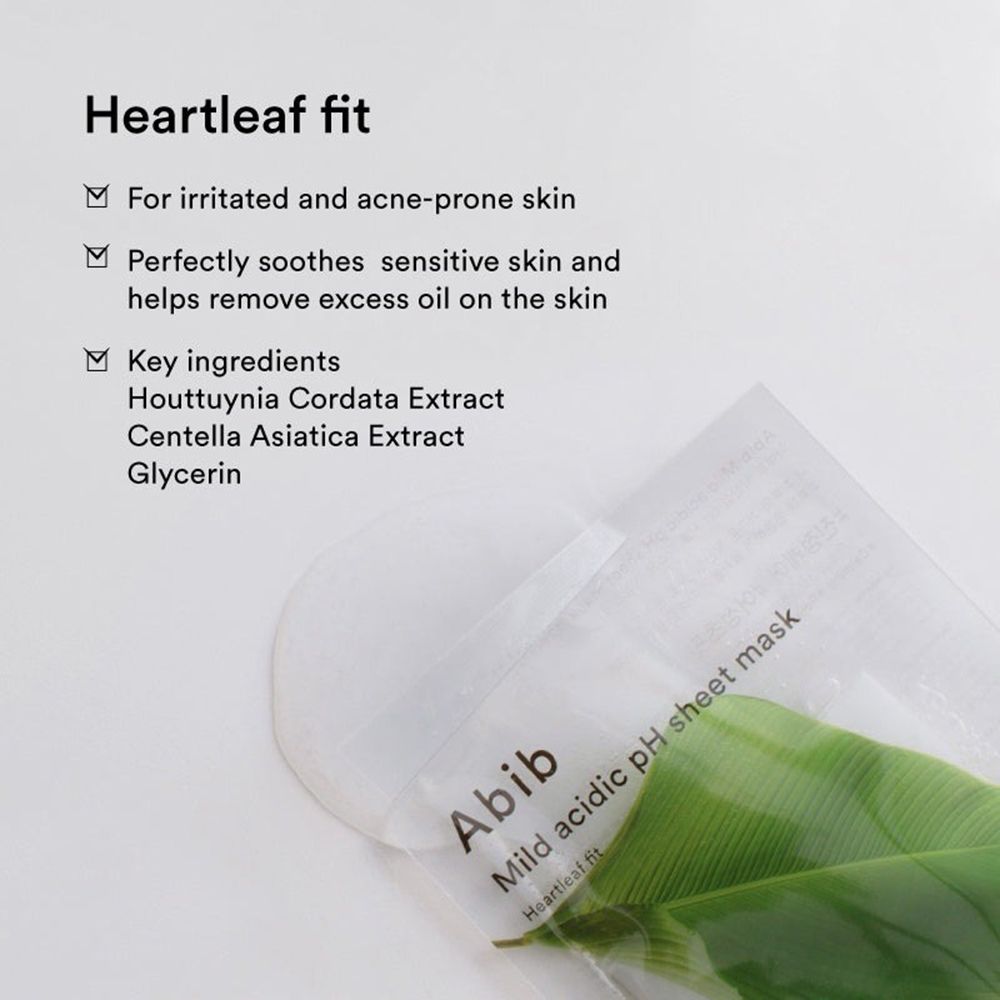 ABIB Mild Acidic pH Sheet Mask Verpackung. Text: Heartleaf fit, für irritierte Haut, Inhaltsstoffe.