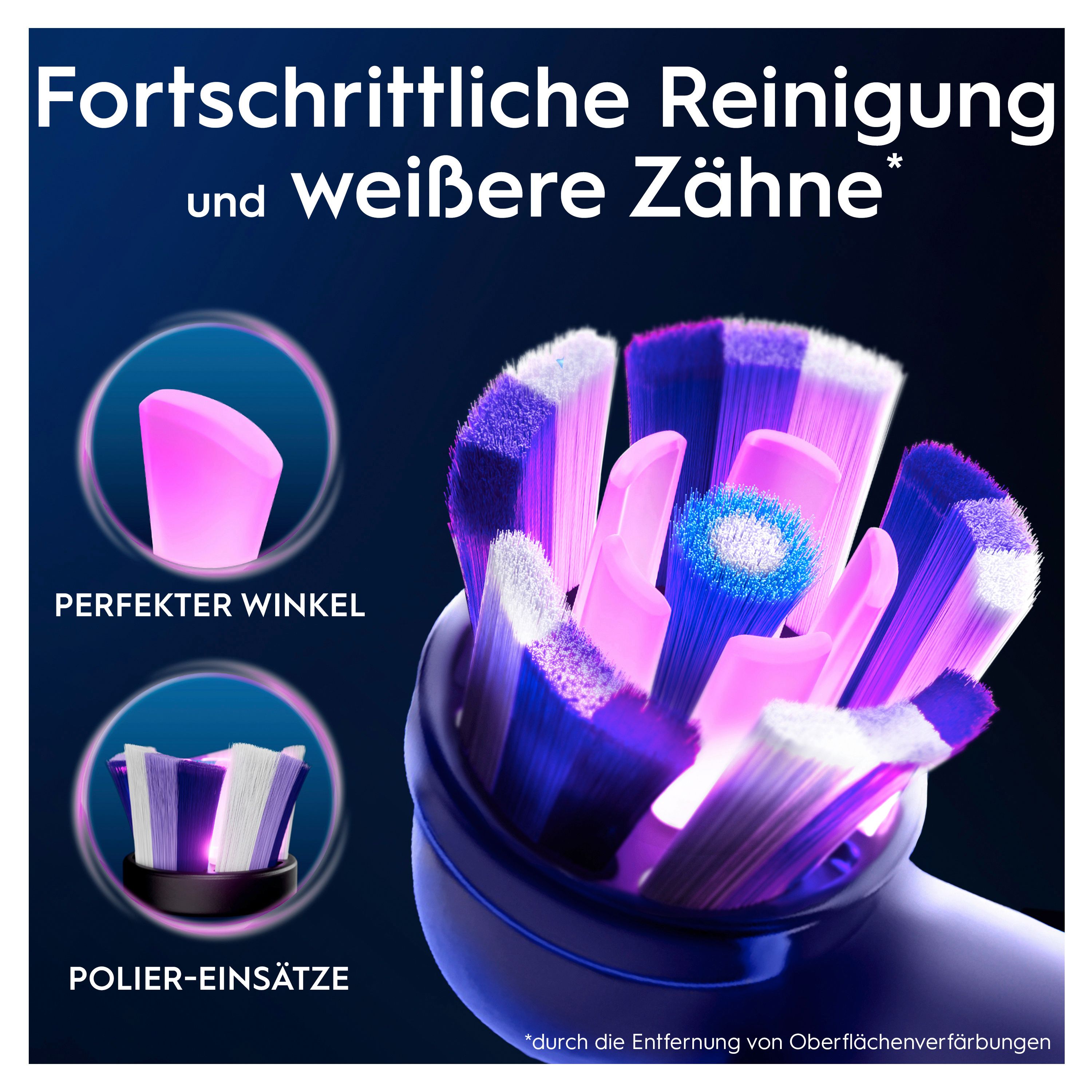 Oral-B iO Bürstenkopf reinigt Zähne und entfernt Plaque. Lila und weiße Borsten.