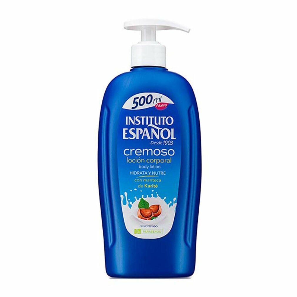 Blaue Lotionflasche mit Aufschrift: INSTITUTO ESPAÑOL, cremoso, loción corporal, 500 ml. Mit Shea Butter.