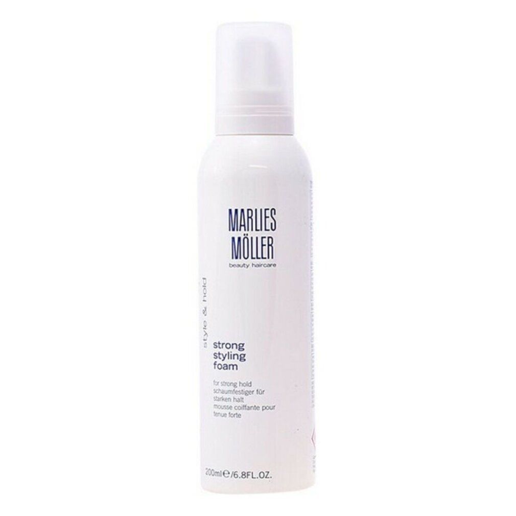 Weiße Flasche mit blauem Aufdruck. Enthält Marlies Möller Style & Hold Strong Styling Foam. 200ml.