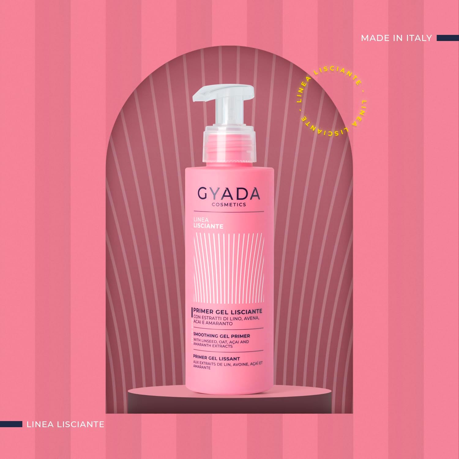 Eine rosa Flasche mit Pumpspender, die als glättendes Primer-Gel mit Linsen-, Hafer-, Acai- und Amaranth-Extrakten gekennzeichnet ist.