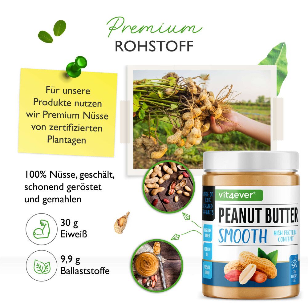 Glas mit Erdnussbutter, Zutaten-Illustrationen, Text: 100% Nüsse, 30g Eiweiß, 9,9g Ballaststoffe. Bild von Erdnüssen.