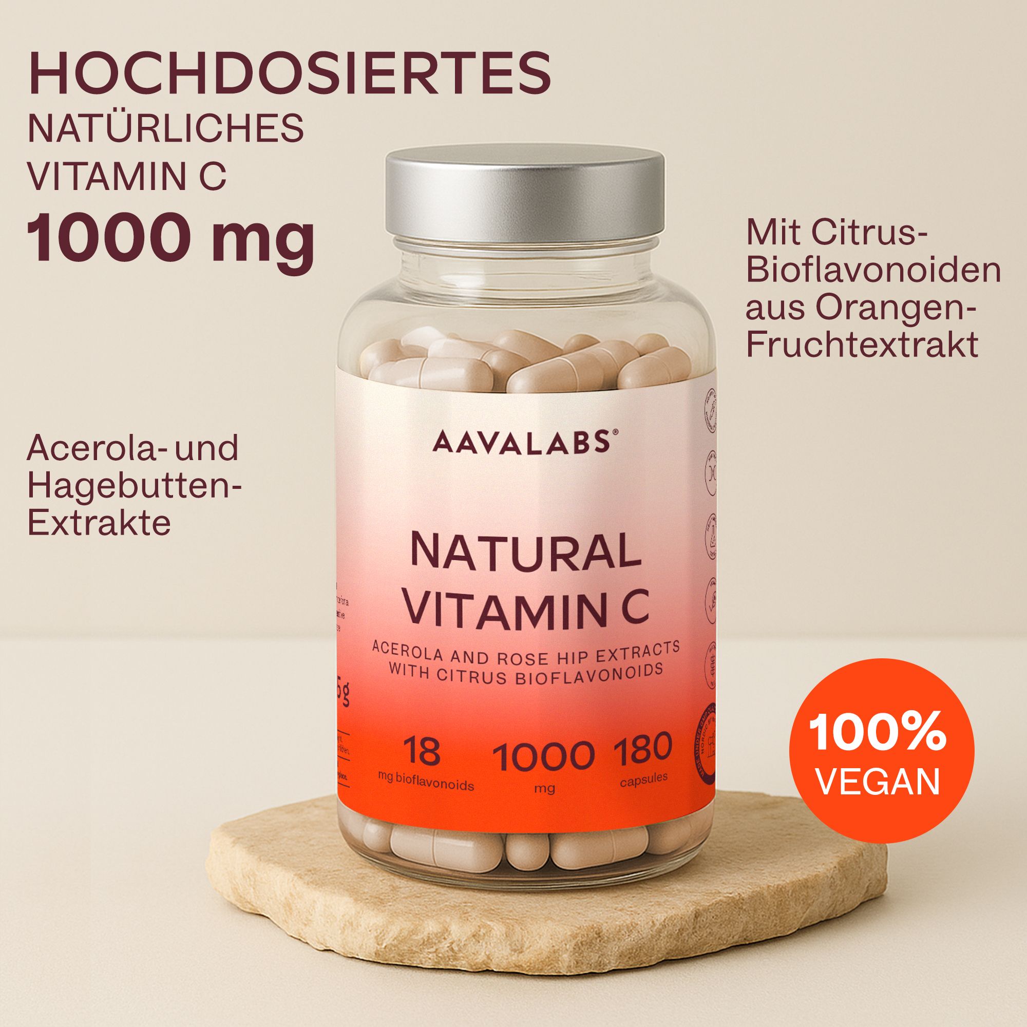Flasche mit Kapseln auf Stein. AAVALABS NATURAL VITAMIN C. 1000 mg Vitamin C, 180 Kapseln. Vegan.