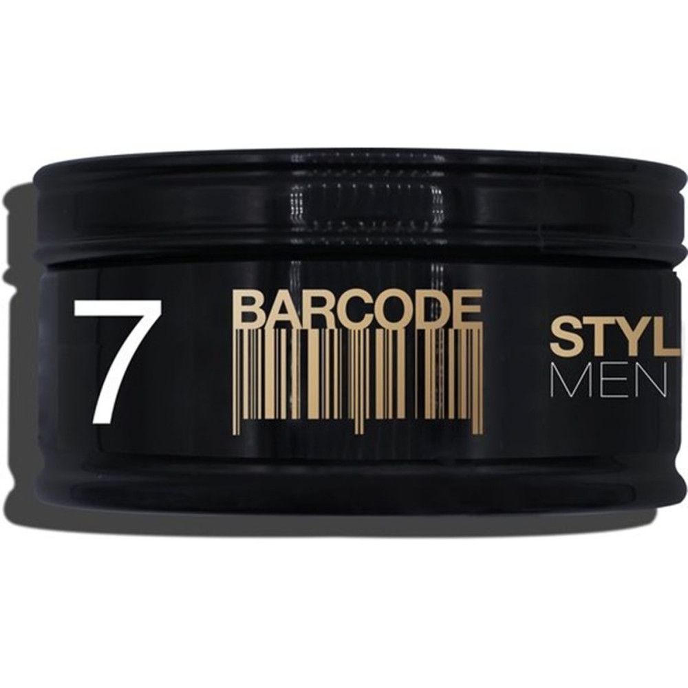 Schwarzer Tiegel mit goldfarbenem Etikett. Aufschrift: BARCODE, 7, STYL MEN. Barcode-Design.