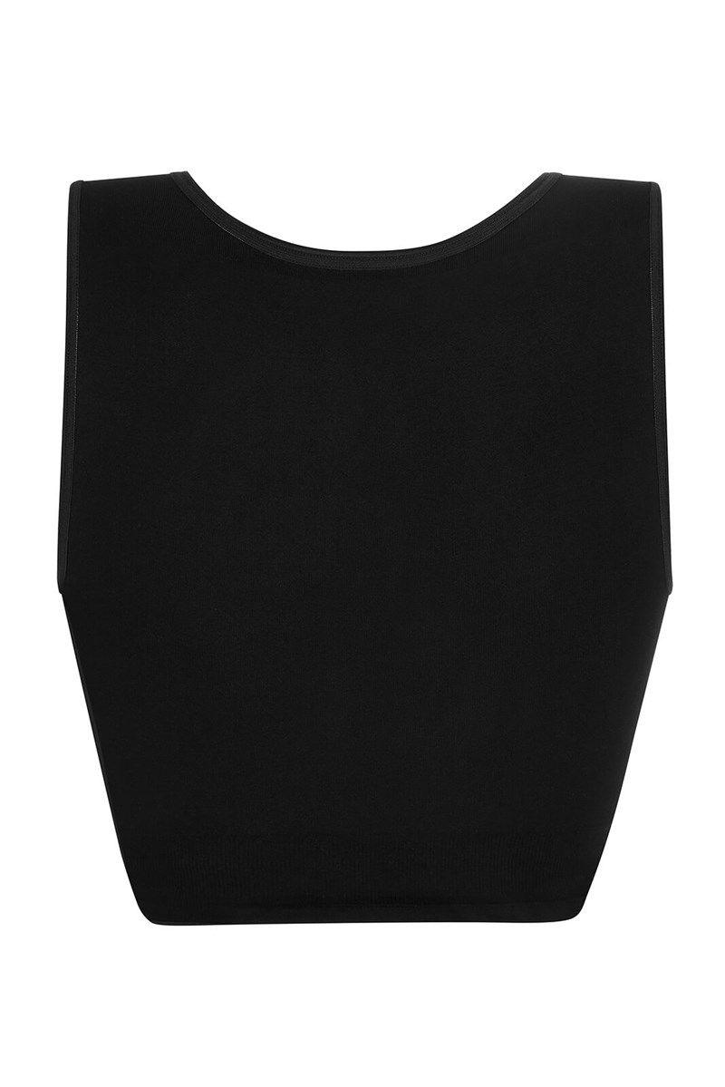 Schwarzer BH ohne Träger. U-Ausschnitt, breiter Saum. Rechteckige Form.